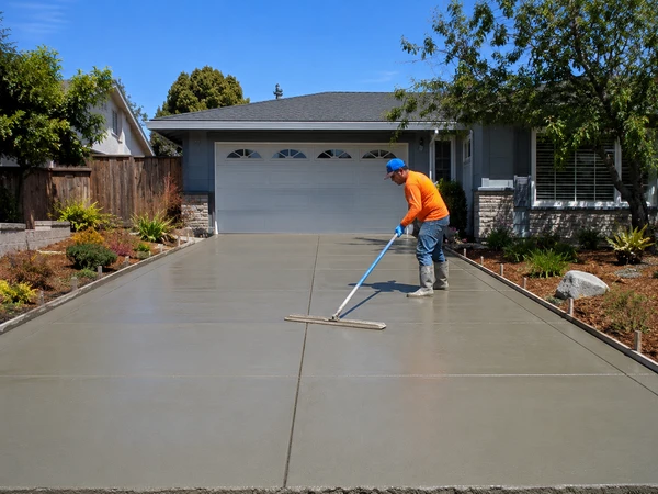 Freshly poured and finished concrete driveway at a Bay Area home