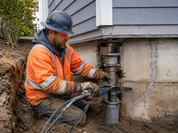Steel push pier installation stabilizing a settling foundation corner on an existing home
