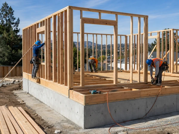 Wood-framed structure standing on a cured concrete foundation at a residential construction site