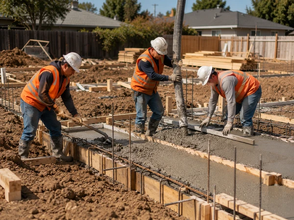 Foundation construction crew forming and pouring a new residential foundation