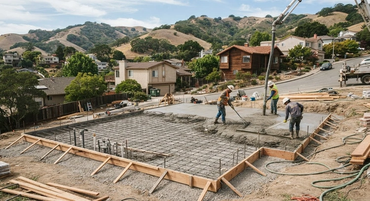 ADU foundation cost Bay Area — concrete slab foundation being poured for a detached accessory dwelling unit