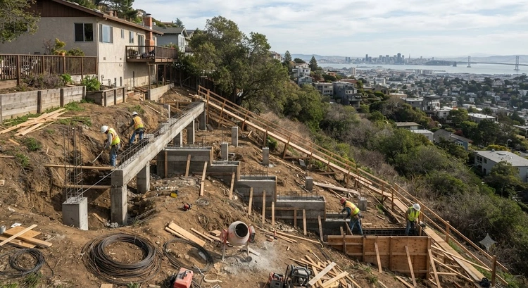 ADU foundation on a sloped lot in the Bay Area showing stepped concrete footings and stem walls following the hillside grade