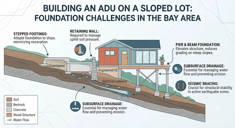 Infographic showing ADU foundation types by slope grade in the Bay Area including slab, stepped foundation, and drilled pier options