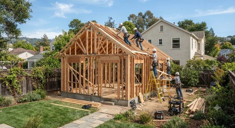 Costo de estructura de ADU en el Área de la Bahía — estructura de madera en construcción en un patio trasero