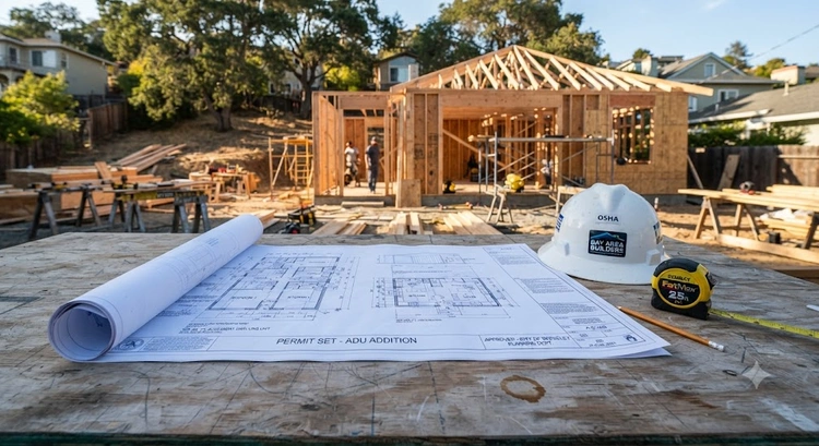 ADU framing permit Bay Area — structural framing plans reviewed by building inspector on construction site