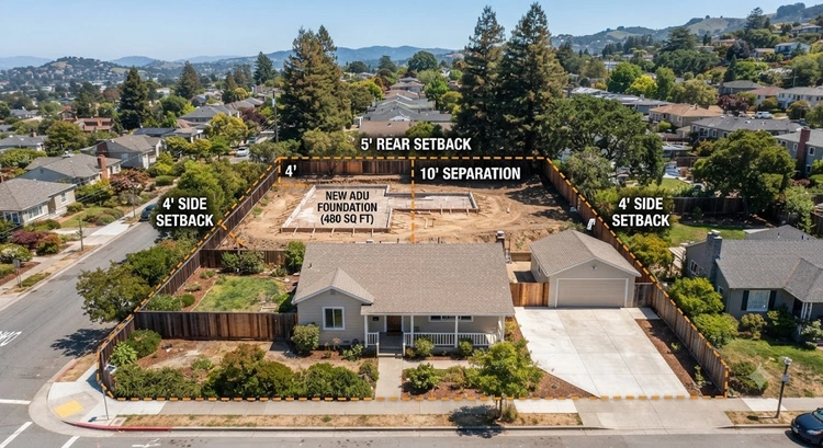 ADU setback foundation placement Bay Area diagram showing footing clearance from rear and side property lines