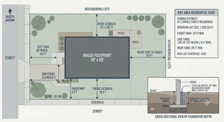 Infographic illustrating ADU setback foundation placement Bay Area rules for interior, corner, hillside, and flag lots