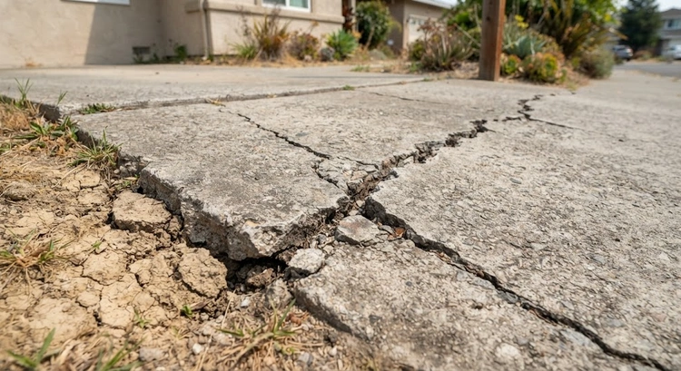 Bay Area clay soil expansion causing concrete driveway to crack with visible surface fractures