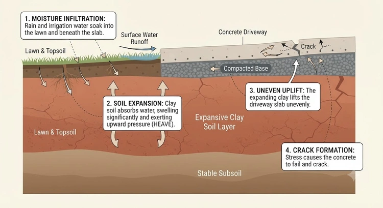 Infographic showing how Bay Area clay soil expansion and contraction cycles cause concrete driveway cracking