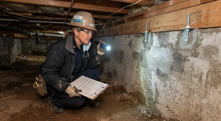 Bay Area foundation repair inspection showing inspector reviewing anchor bolt spacing and cripple wall bracing