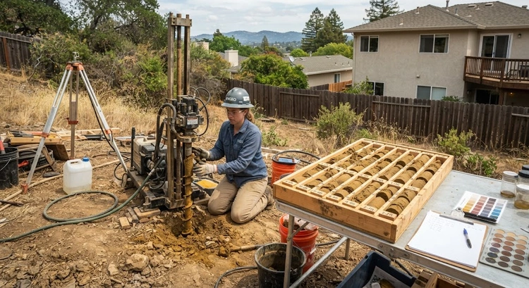 Bay Area soil conditions ADU foundation site assessment with geotechnical boring equipment on residential lot