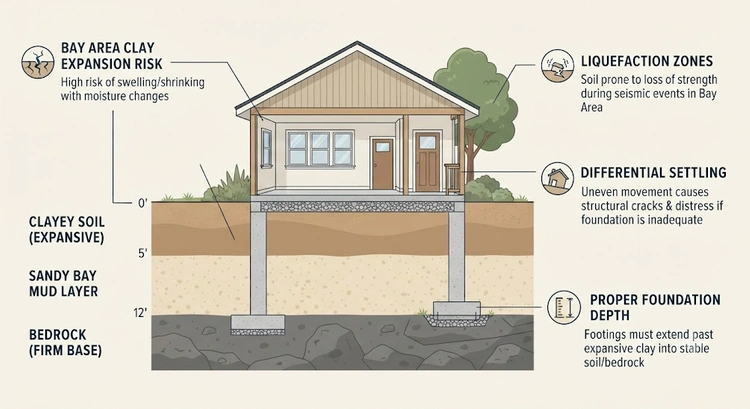 Infographic showing Bay Area soil conditions and corresponding ADU foundation design requirements by soil type