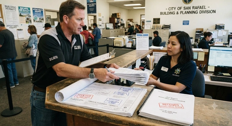 Commercial foundation permit Bay Area - contractor reviewing permit documents at a construction job site