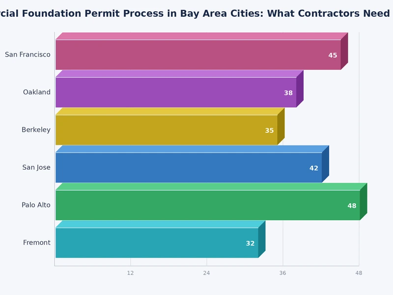 Chart comparing commercial foundation permit processing times across Bay Area cities from submittal to first plan check response