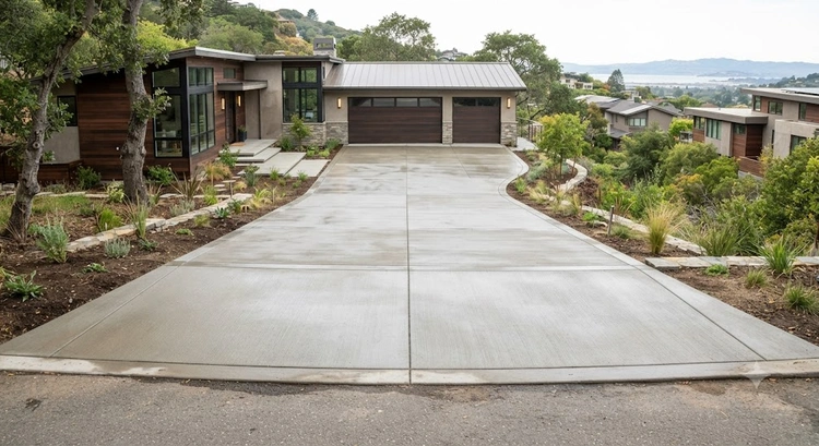 Freshly poured concrete driveway in Bay Area residential neighborhood showing finished surface and control joints