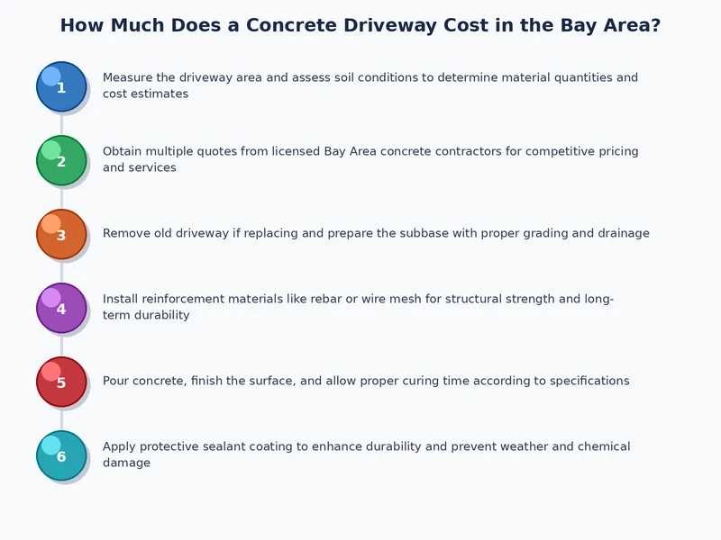 Diagram showing concrete driveway installation process steps from excavation to final cure in Bay Area conditions