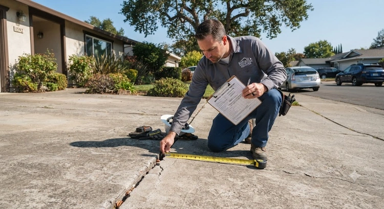 Bay Area homeowner using a concrete driveway inspection checklist to evaluate cracks, surface scaling, and drainage on a residential driveway