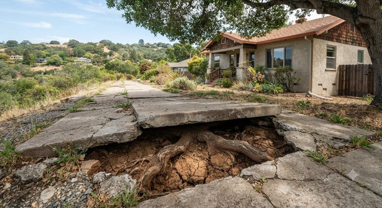 Cracked and heaved concrete driveway showing concrete flatwork problems East Bay Hills hillside property