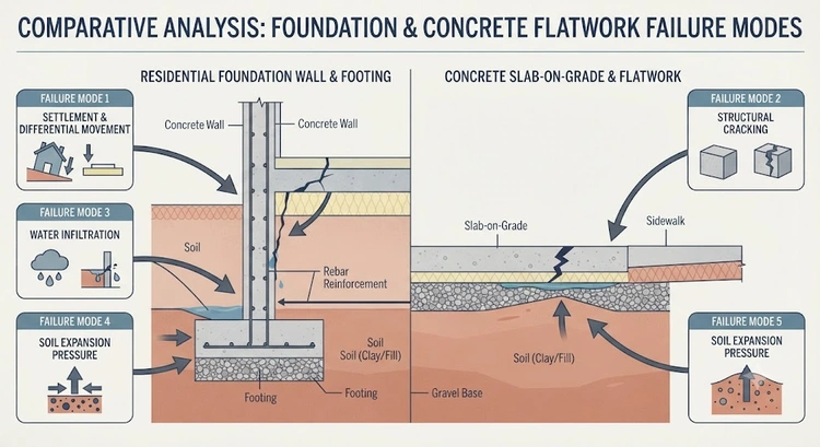 Infographic showing how expansive clay soil causes concrete flatwork problems East Bay Hills properties