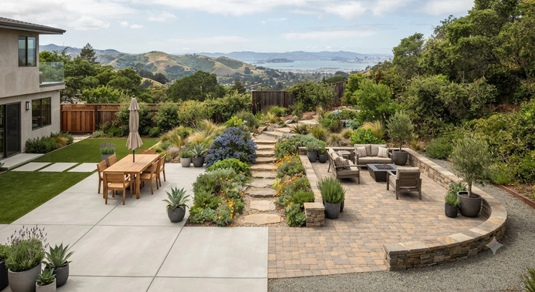 Concrete patio vs pavers Bay Area installation on expansive clay soil backyard