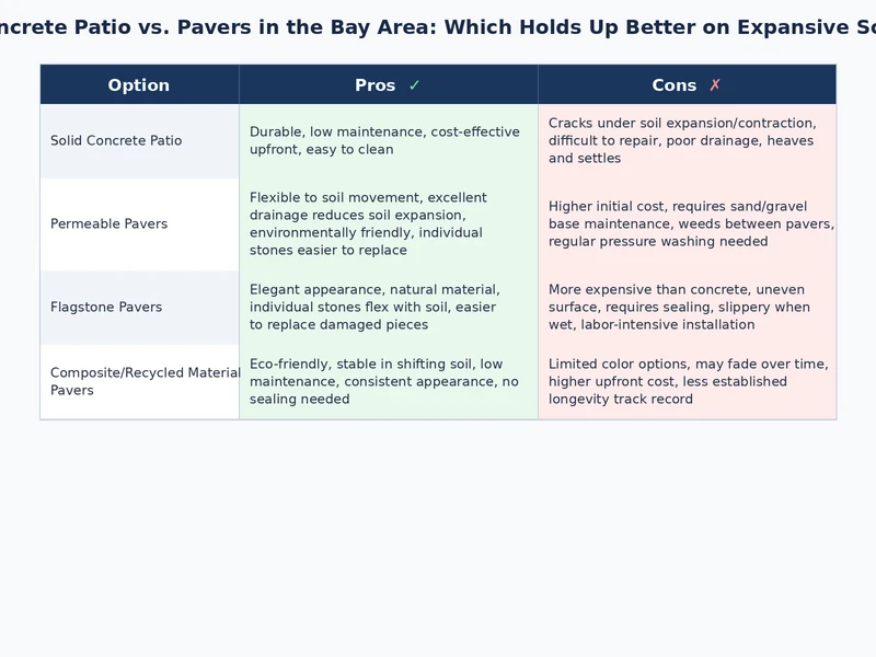 Cross-section diagram comparing concrete slab vs interlocking paver installation layers over Bay Area expansive clay subgrade