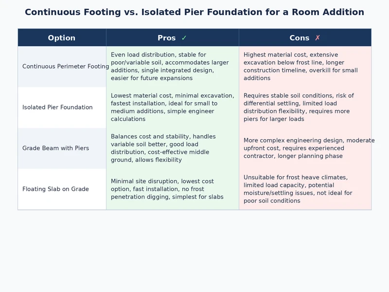 Comparison diagram showing continuous footing vs isolated pier foundation cross-sections for a room addition