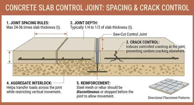 Infographic summarizing control joint spacing rules and installation methods for Bay Area concrete flatwork projects