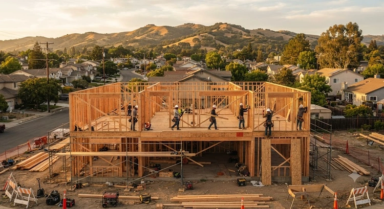 Estructura de enmarcado de madera de una nueva vivienda en construcción que ilustra el costo de enmarcar una casa en el Área de la Bahía