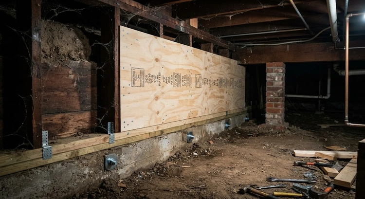 Cripple wall bracing installation inside a Bay Area crawl space during seismic retrofit