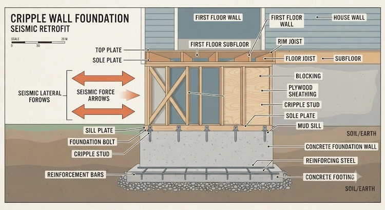 Infographic illustrating cripple wall bracing components for Bay Area seismic retrofit including anchor bolts, plywood sheathing, and hold-down connectors