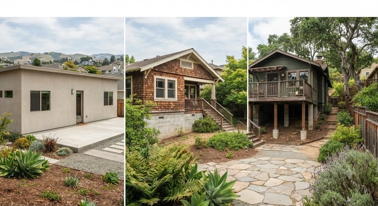 Detached ADU foundation types including slab-on-grade, raised crawl space, and pier-and-beam systems on Bay Area sites