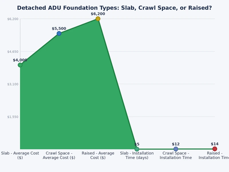 Chart comparing detached ADU foundation types by cost range, slope tolerance, and utility access in the Bay Area