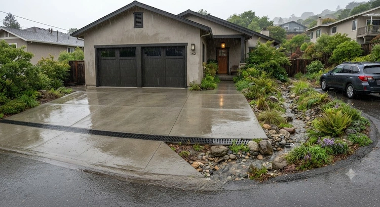 Concrete flatwork drainage Bay Area — properly graded driveway with channel drain directing runoff away from foundation
