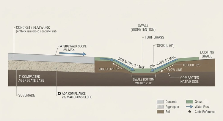 Infographic showing slope requirements, swale types, and drainage code checkpoints for Bay Area concrete flatwork projects