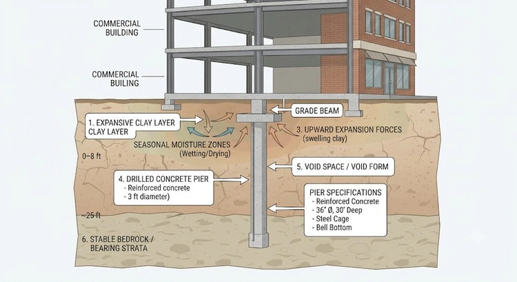 Infographic showing drilled pier foundation anatomy and load path through Bay Area expansive clay soil layers