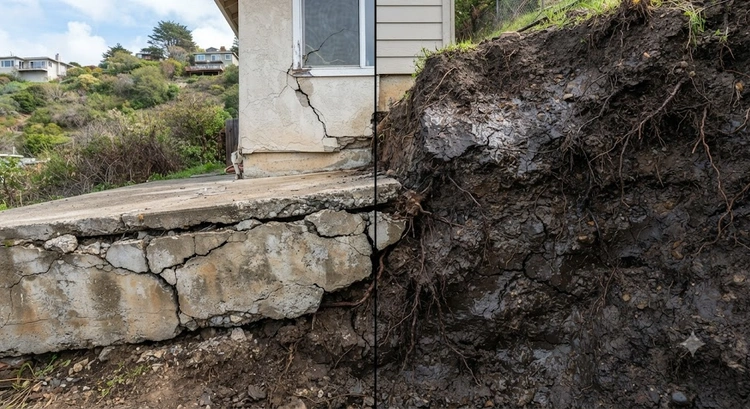 Expansive clay soil foundation damage Bay Area home showing cracked concrete stem wall and differential settlement