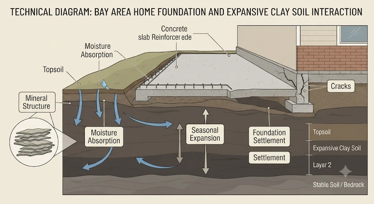 Infographic illustrating expansive clay soil foundation damage cycle and repair strategies for Bay Area homes