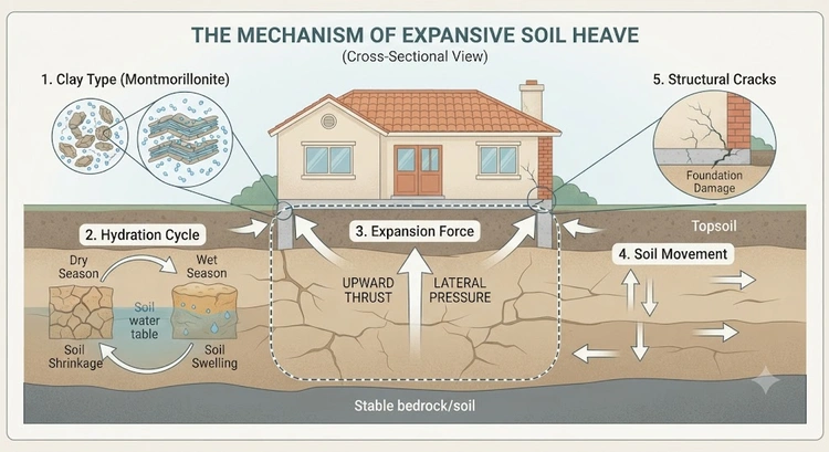 Infographic comparing expansive clay soil foundation Bay Area design strategies from post-tensioned slab to drilled pier systems