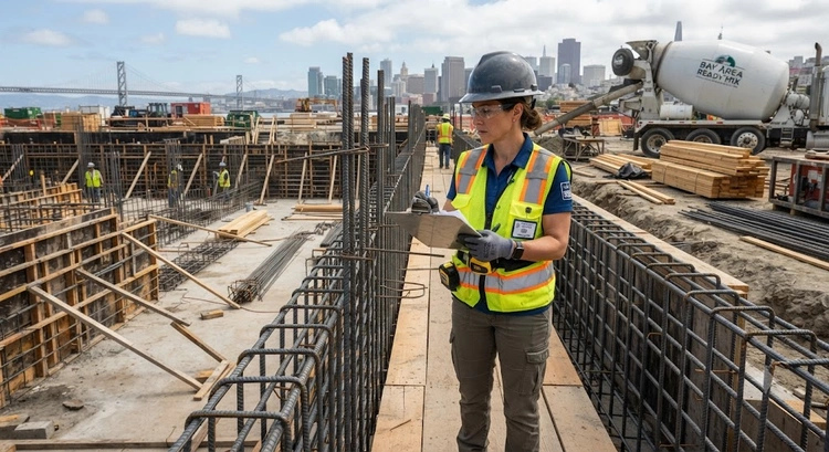 commercial foundation inspection checklist Bay Area site showing rebar placement and embedment depth verification before concrete pour