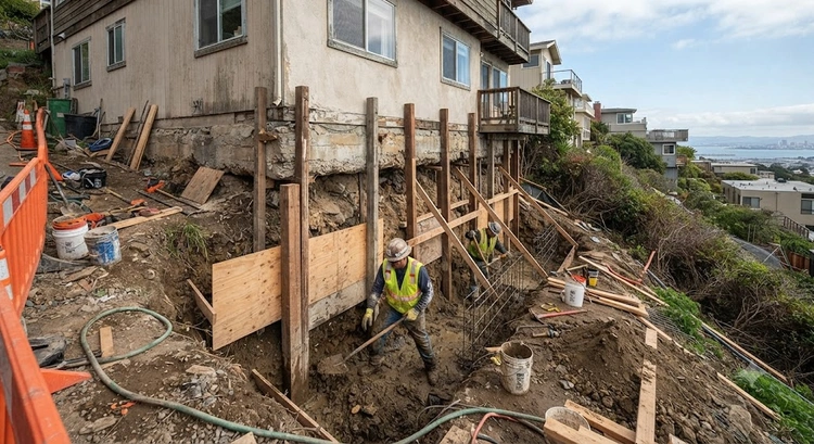 Foundation underpinning steel pier installation on a Bay Area home