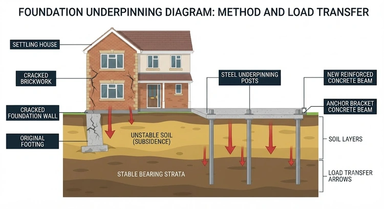 Infographic summarizing foundation underpinning methods, warning signs, and cost factors for Bay Area homeowners
