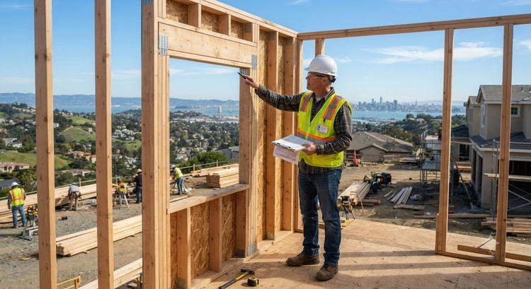 framing inspection Bay Area — inspector reviewing wood stud wall framing on new residential construction