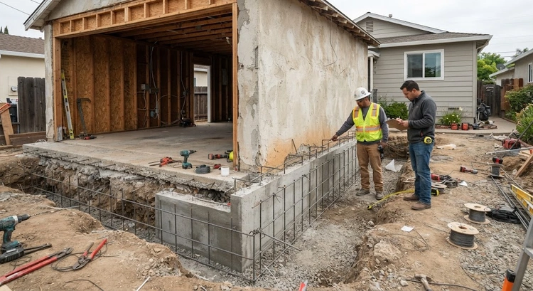 Garage conversion ADU foundation requirements Bay Area — perimeter footing excavation alongside existing concrete slab