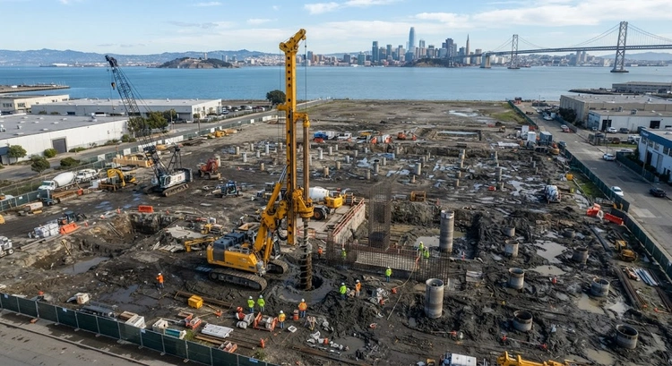 Instalación de pilotes profundos para una cimentación comercial en una zona de licuefacción del Área de la Bahía
