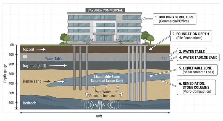 Infografía que muestra las opciones de diseño de cimentación comercial en zonas de licuefacción y las estrategias de mitigación para proyectos en el Área de la Bahía