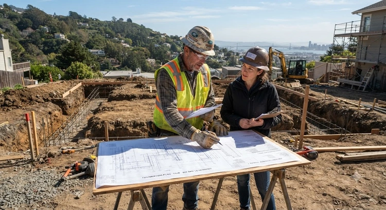 New home foundation cost Bay Area — concrete excavation and formwork on a residential lot in the South Bay
