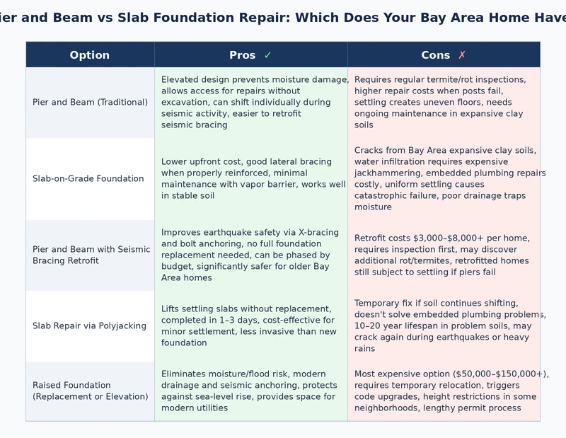 Side-by-side comparison diagram of pier and beam vs slab foundation repair methods used in the Bay Area