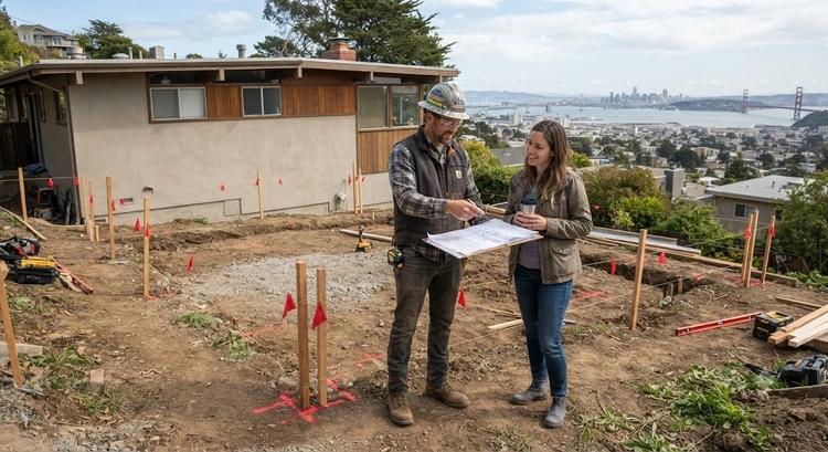 Room addition foundation cost Bay Area — concrete perimeter footing with rebar ready for pour on a residential lot
