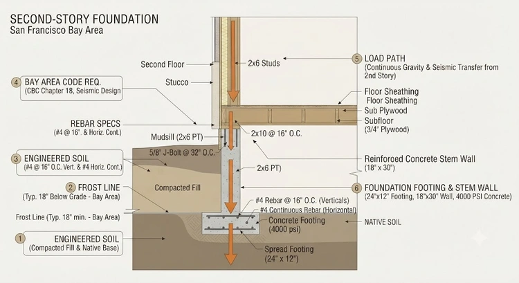 infographic checklist of second story addition foundation requirements for Bay Area homes