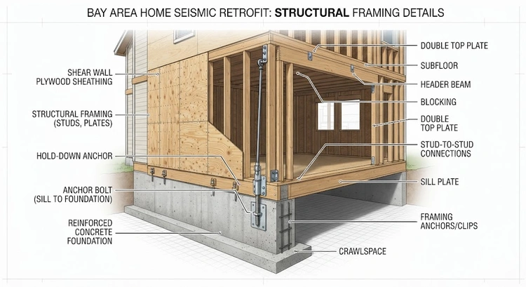 Seismic framing requirements Bay Area new home construction showing shear wall sheathing and anchor bolt placement